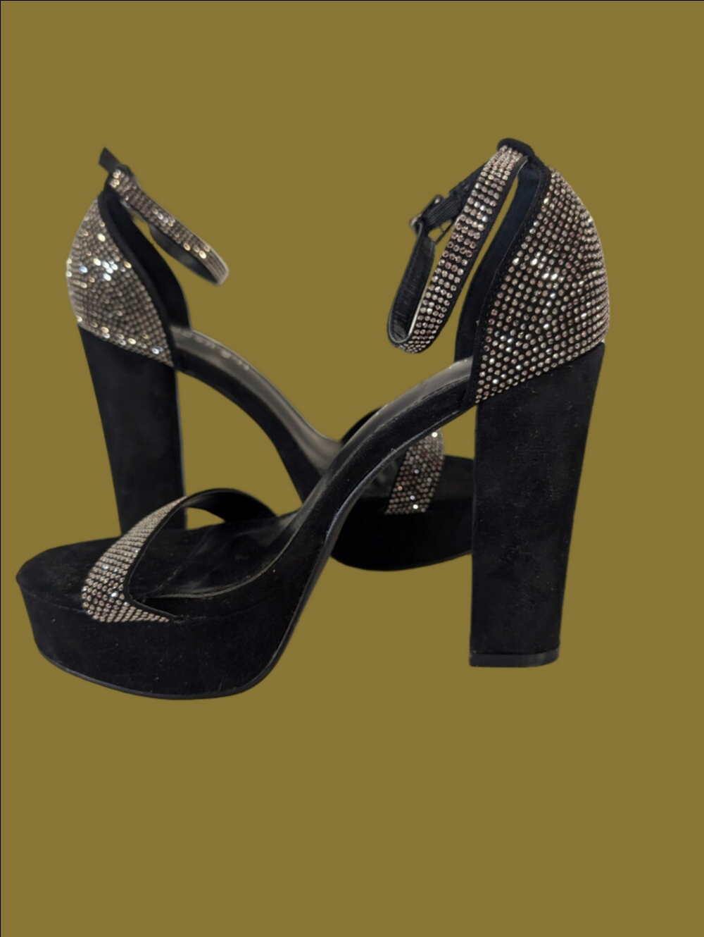 Shoes By Steven Madden Black Platform Block Heel Sandals  Crystal Accents 7.5